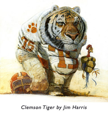‘Clemson Tiger’  One of Jim’s early illustrations… using acrylic, oils and a tad of house paint.  It won an award of merit from the New York Society of Illustrators.  
